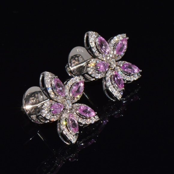 CERTIFIED NATURAL 2.36CTS VS F DIAMOND PINK SAPPHIRE 18K GOLD FLORAL EARRINGS - Picture 6 of 15